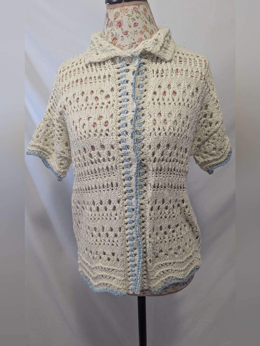 Free People Cream Crochet Button-Front Short Sleeve Cardigan Size Small
